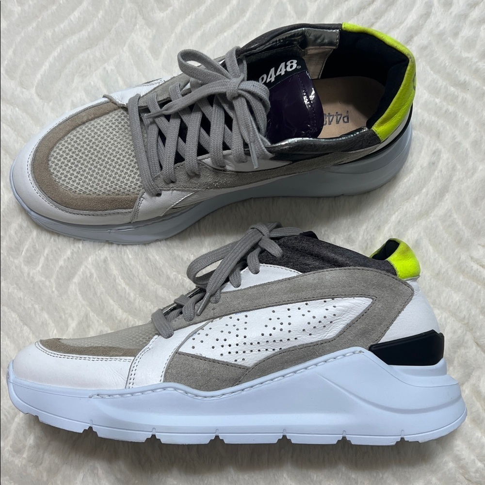 P448 Women’s Leila Sneakers Size 39 White Gray Suede Leather Neon Trim